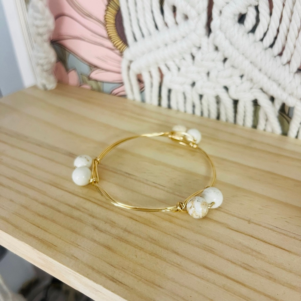 Gold Tone Beaded Bangle Bracelet | White Stone Wire Wrap| Stackable Boho - Picture 3 of 7